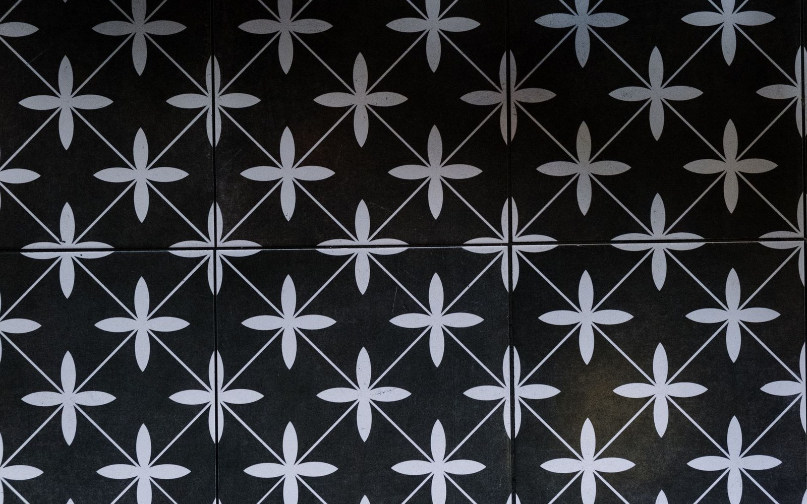 Black floor tiles with a repeating white four-petal flower and crisscross line pattern