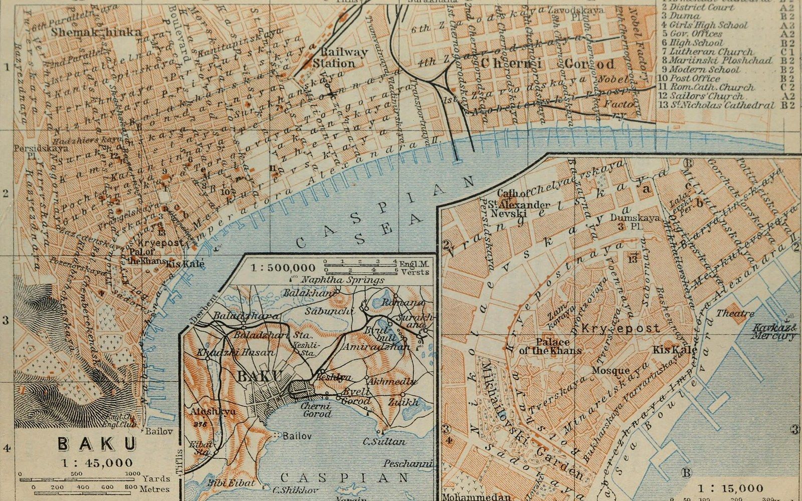 Old street map of Baku showing the city center, harbor, and Caspian Sea coastline